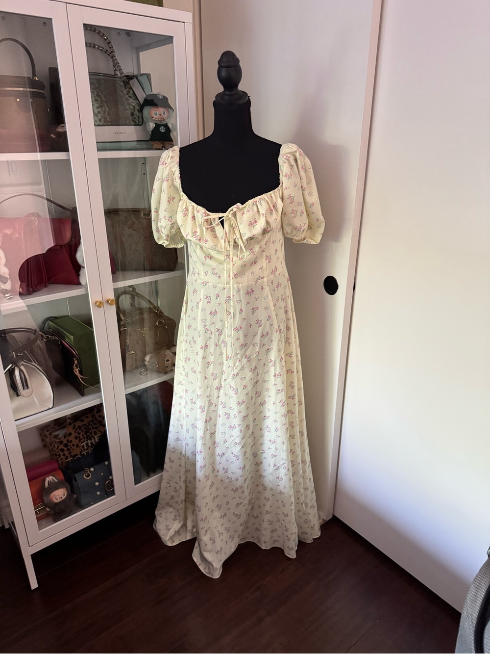 Cottage core Floral Puff-Sleeve Maxi Dress in Light Yellow